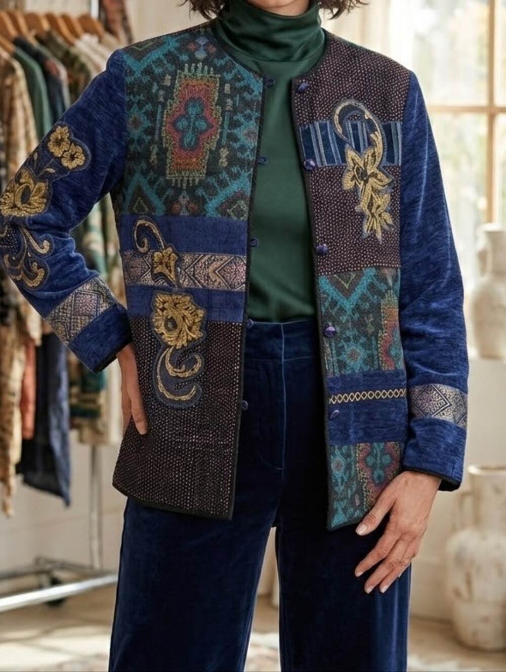 Indigo Moon Patchwork Tapestry Embroidered Blazer in Deep Blue Bohemian Vintage
